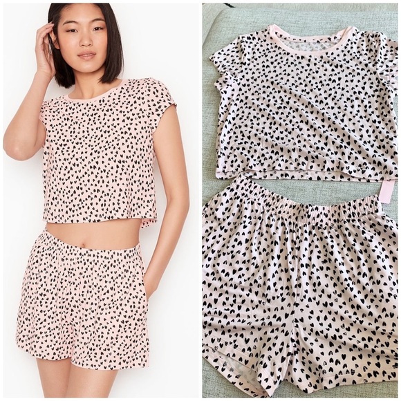 🩷 VS Pink Heavenly Modal Sketch Heart Print Crop Short PJ Pajama Set